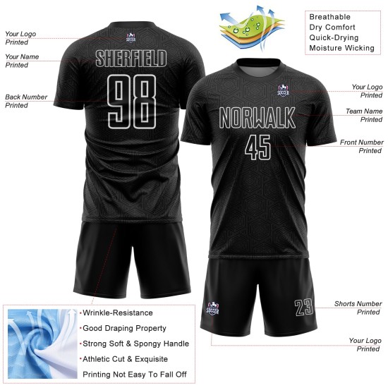 White Sports Jersey Uniform Sublimation Soccer Shape Custom Geometric Black White Sports Jersey Uniform Sublimation Soccer Shape Custom Geometric Black