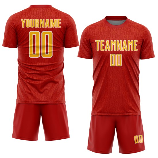 Sublimation Uniform Red Geometric Jersey Shape Soccer Gold-White Custom Sports Sublimation Uniform Red Geometric Jersey Shape Soccer Gold-White Custom Sports