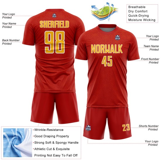 Sublimation Uniform Red Geometric Jersey Shape Soccer Gold-White Custom Sports Sublimation Uniform Red Geometric Jersey Shape Soccer Gold-White Custom Sports