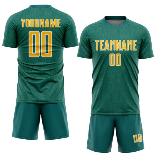 Jersey Teal Shape Custom Gold-White Geometric Soccer Sublimation Sports Uniform Jersey Teal Shape Custom Gold-White Geometric Soccer Sublimation Sports Uniform