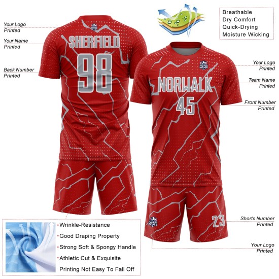Lightning Soccer Sports Jersey Sublimation Gray-White Custom Red Uniform Lightning Soccer Sports Jersey Sublimation Gray-White Custom Red Uniform
