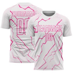 Custom Soccer White Uniform Jersey Sublimation Pink Lightning Sports